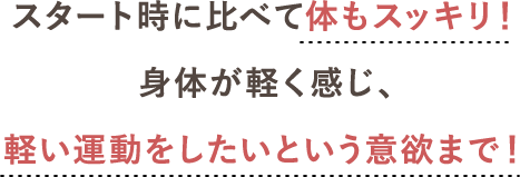 スタート時に比べて体もスッキリ！身体が軽く感じ、軽い運動をしたいという意欲まで！