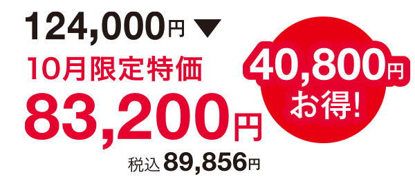 40,800円お得!124,000円⇒83,200円(税込89,856円)