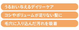 うるおい与えるデイリーケア　コシやボリュームが足りない髪に　毛穴に入り込んだ汚れを吸着