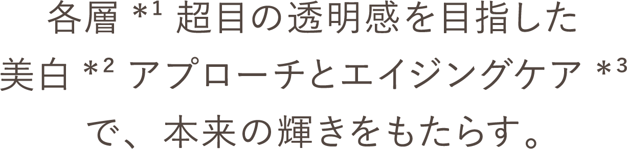 各層*¹超目の透明感を目指した美白*²アプローチとエイジングケア*³で、本来の輝きをもたらす。